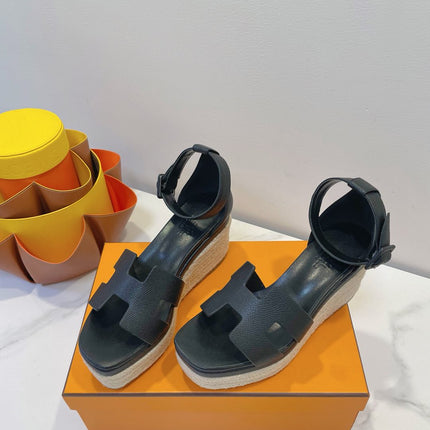 HM 26S ESPADRILLE WEDGE SANDALS IN BLACK CALFSKIN
