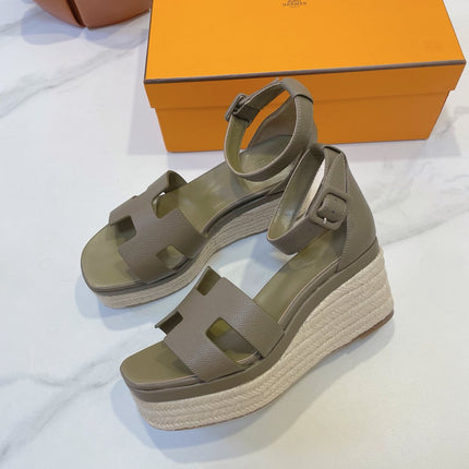 HM 26S ESPADRILLE WEDGE SANDALS IN MOSSY GREY CALFSKIN