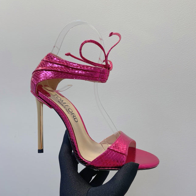 TOM FORD 26S HIGH HEEL SANDALS IN DARK METALLIC PINK SNAKESKIN CALFSKIN