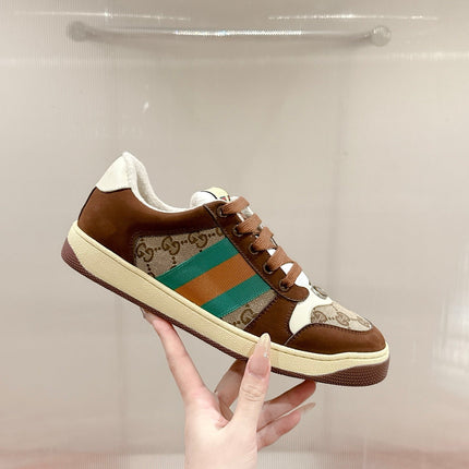GUCCI 26S SCREENER SNEAKER IN BROWN SUEDE AND BEIGE CANVAS