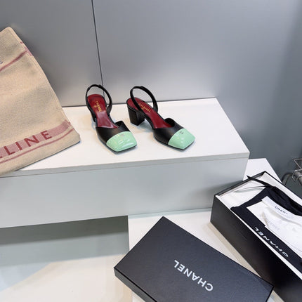 CHANEL 26S SLINGBACK 55 MM IN BLACK LAMBSKIN WITH MINT GREEN CAP TOE