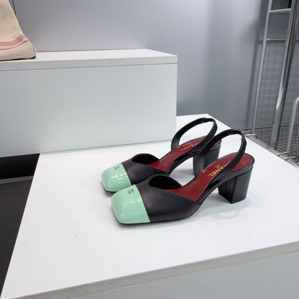 CHANEL 26S SLINGBACK 55 MM IN BLACK LAMBSKIN WITH MINT GREEN CAP TOE