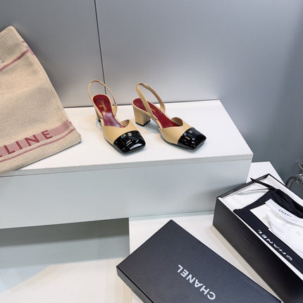 CHANEL 26S SLINGBACK 55 MM IN BEIGE LAMBSKIN WITH BLACK CAP TOE