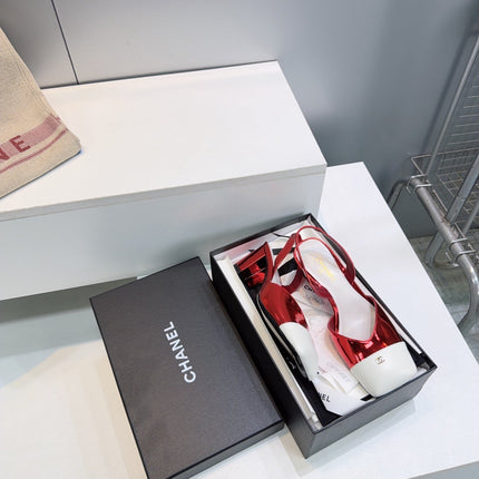 CHANEL 26S SLINGBACK 55 MM IN RED GLOSSY LAMBSKIN WITH WHITE CAP TOE