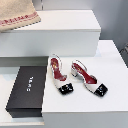 CHANEL 26S SLINGBACK 55 MM IN WHITE LAMBSKIN WITH BLACK CAP TOE