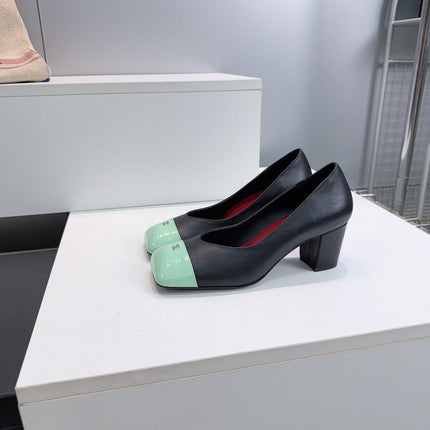 CHANEL 26S SQUARE-TOE HIGH HEELS 55 MM IN BLACK LAMBSKIN WITH MINT GREEN CAP TOE