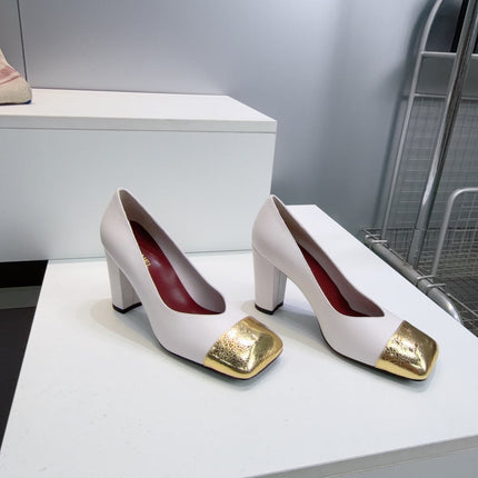 CHANEL 26S SQUARE-TOE HIGH HEELS 95 MM IN WHITE LAMBSKIN WITH GOLD CAP TOE