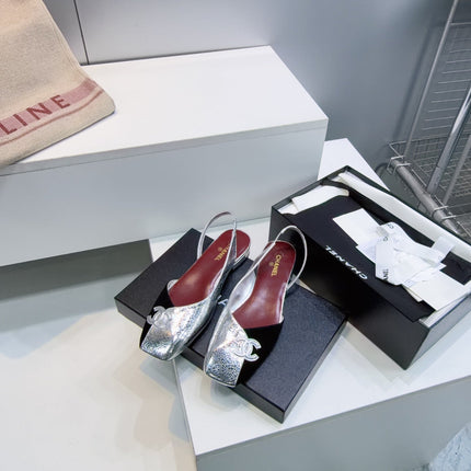 CHANEL 26S FLAT SLINGBACK IN SILVER LAMBSKIN AND BLACK SUEDE