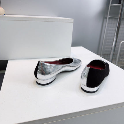 CHANEL 26S SQUARE-TOE FLATS IN SILVER LAMBSKIN AND BLACK SUEDE