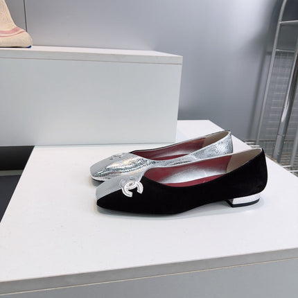 CHANEL 26S SQUARE-TOE FLATS IN SILVER LAMBSKIN AND BLACK SUEDE