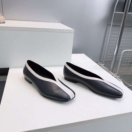 CHANEL 26S SQUARE-TOE FLATS IN BLACK LAMBSKIN WITH WHITE TRIM