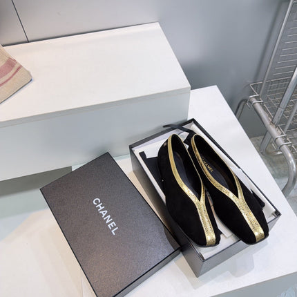 CHANEL 26S SQUARE-TOE FLATS IN BLACK SUEDE WITH GOLD PATENT TRIM