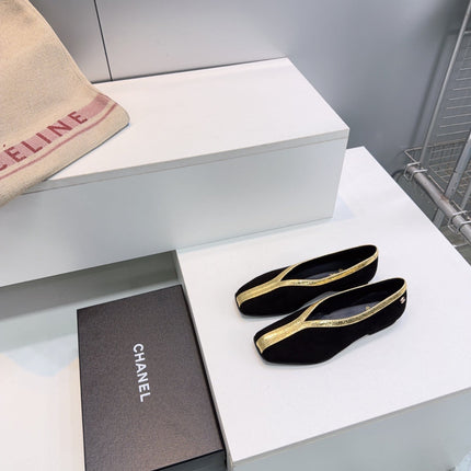 CHANEL 26S SQUARE-TOE FLATS IN BLACK SUEDE WITH GOLD PATENT TRIM
