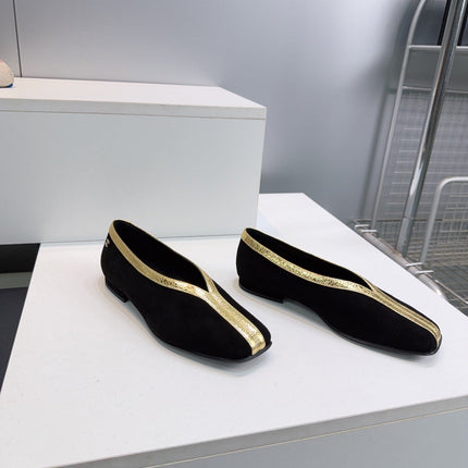 CHANEL 26S SQUARE-TOE FLATS IN BLACK SUEDE WITH GOLD PATENT TRIM