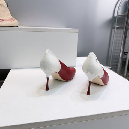 CHANEL 26S HIGH HEEL PUMPS 85 MM IN RED AND WHITE CALFSKIN