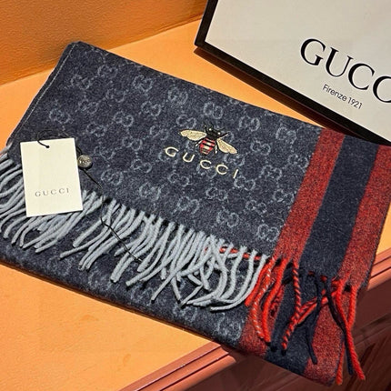 SCARF 180 CM IN NAVY BLUE CASHMERE WITH BEE PATTERN 396476