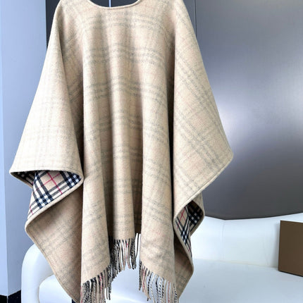 BURBERRY 26S REVERSIBLE CHECK FRINGED CAPE 150CM IN CASHMERE 309445