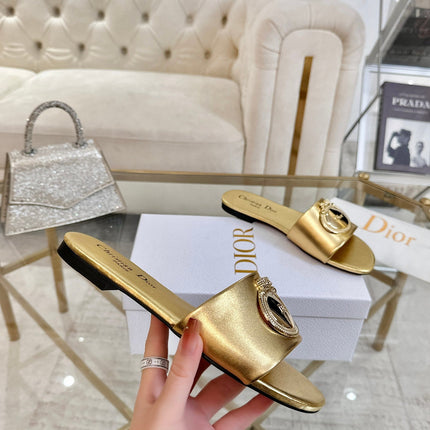DIOR 26S  FLAT SLIDE SANDALS IN GOLD CALFSKIN WITH GOLD HARDWARE