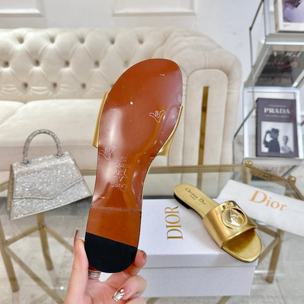 DIOR 26S  FLAT SLIDE SANDALS IN GOLD CALFSKIN WITH GOLD HARDWARE