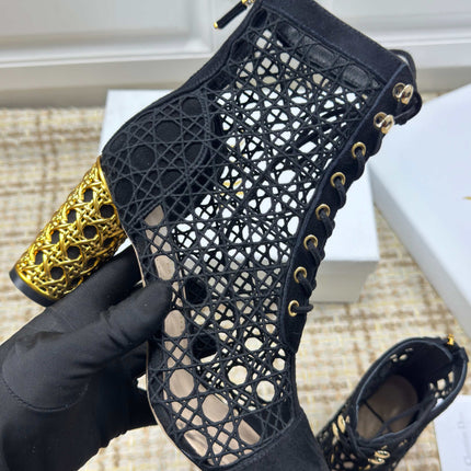 DIOR 26S LACE UP ANKLE BOOTS 80MM IN BLACK OPENWORK LACE SUEDE GOLD HEEL