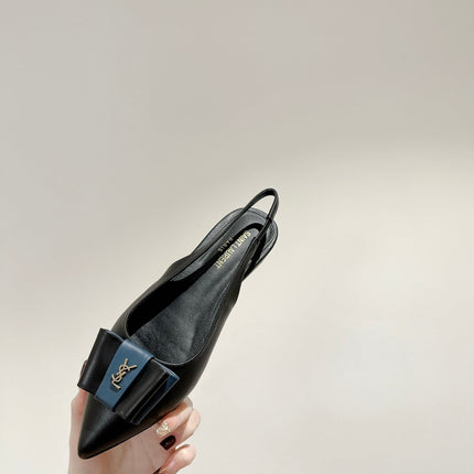 CASSANDRA SLINGBACK FLAT IN BLACK MIX BLUE SMOOTH LAMBSKIN