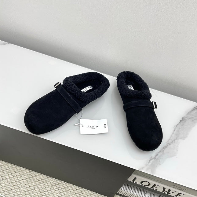 ALAIA 26S MULE IN BLACK SUEDE AND WOOL