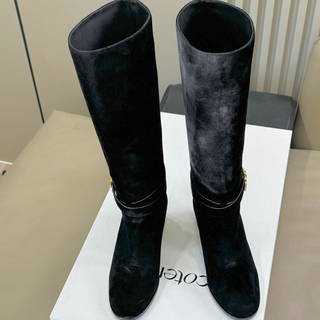 CELINE 26S HIGH-TOP BOOTS IN BLACK SUEDE WITH GOLD HARDWARE