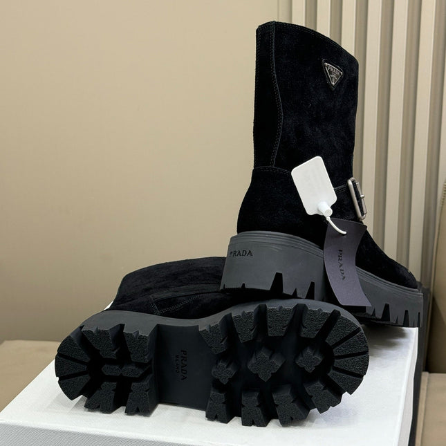 PRADA 25S PLATFORM ANKLE BOOTS IN BLACK SUEDE WITH SILVER HARDWARE