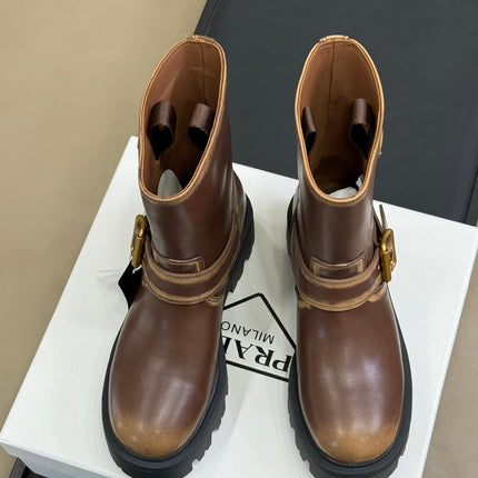 PRADA 25S PLATFORM ANKLE BOOTS IN DARK BROWN CALFSKIN WITH GOLD HARDWARE