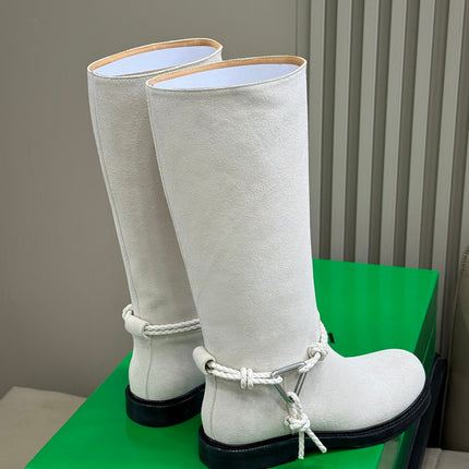 BOTTEGA VENETA 26S TALL BOOTS IN LIGHT GREY SUEDE