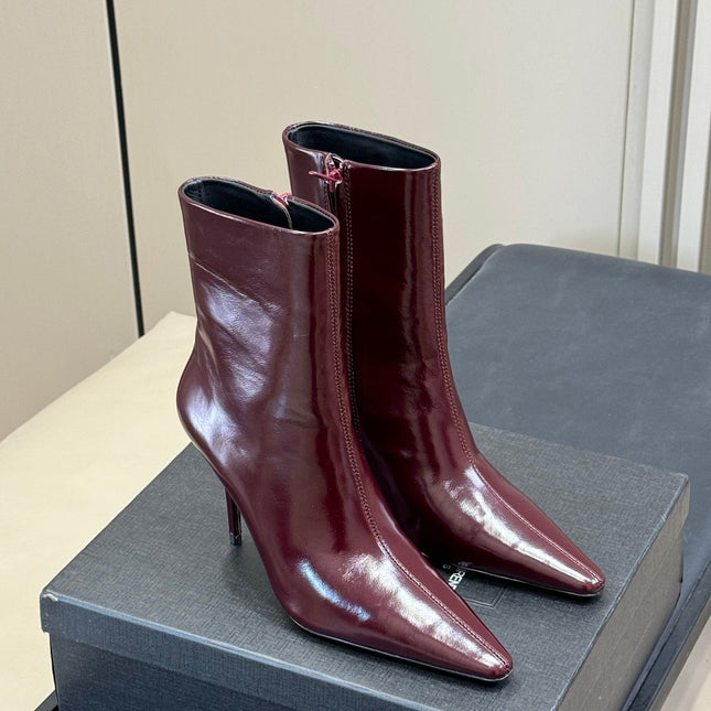 YSL 26S ZIPPERED HEELED BOOTS IN DARK RED SHINY CALFSKIN
