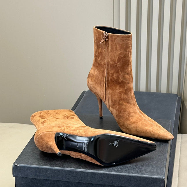 YSL 26S ZIPPERED HEELED BOOTS IN LIGHT BROWN SUEDE