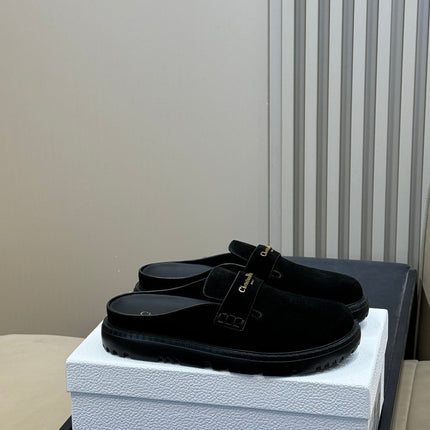 DIOR 26S BOY MULE IN BLACK SUEDE GOLD HARDWARE