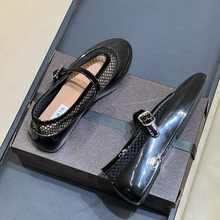 ALAIA 26S MARY JANE BALLET FLATS IN BLACK MESH AND GLOSSY CALFSKIN