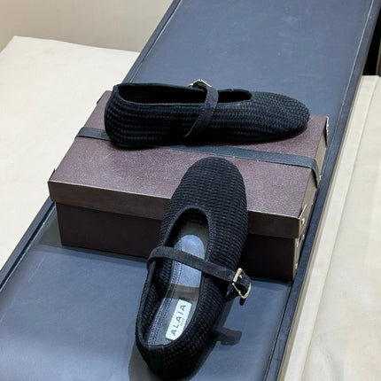 ALAIA 26S KNIT BALLET FLATS IN BLACK SUEDE