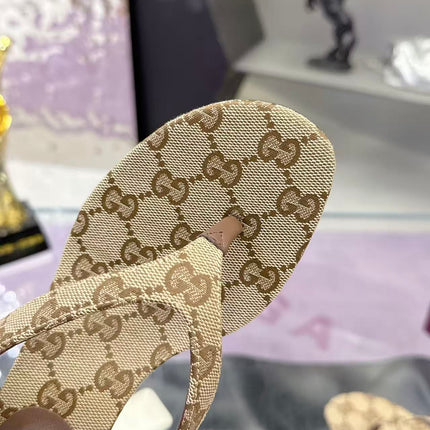 GUCCI 26S THONG KITTEN HEEL SANDALS 55MM IN BEIGE GG CANVAS
