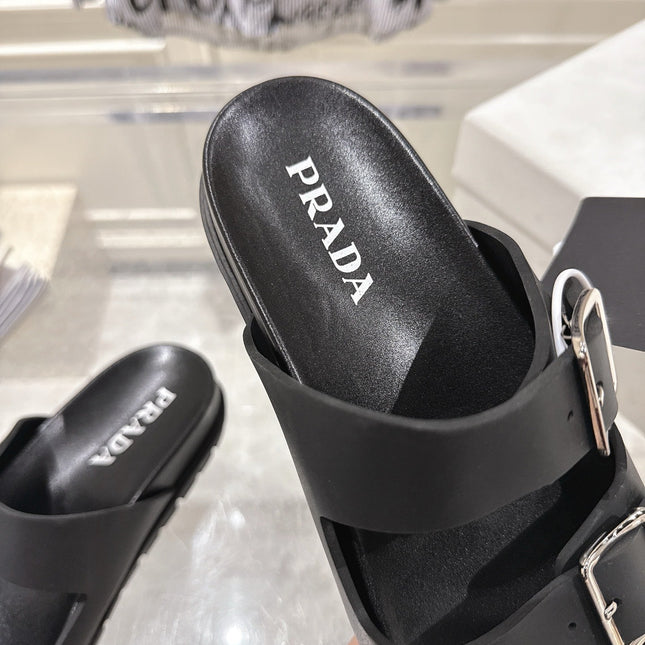 PRADA 26S SLIDES SANDALS IN BLACK CALFSKIN SILVER HARDWARE