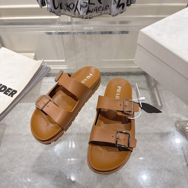 PRADA 26S SLIDES SANDALS IN CARAMEL BROWN CALFSKIN SILVER HARDWARE