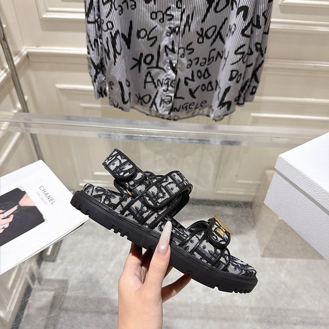 DIOR 26S VELCRO SANDALS IN BLACK MIX WHITE OBLIQUE CANVAS