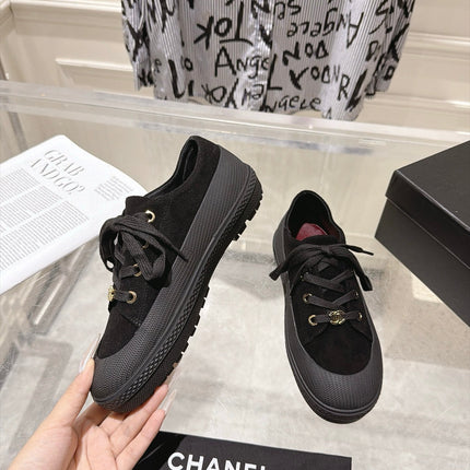 CHANEL 26S LACE UP SNEAKERS IN BLACK SUEDE ROUND TOE