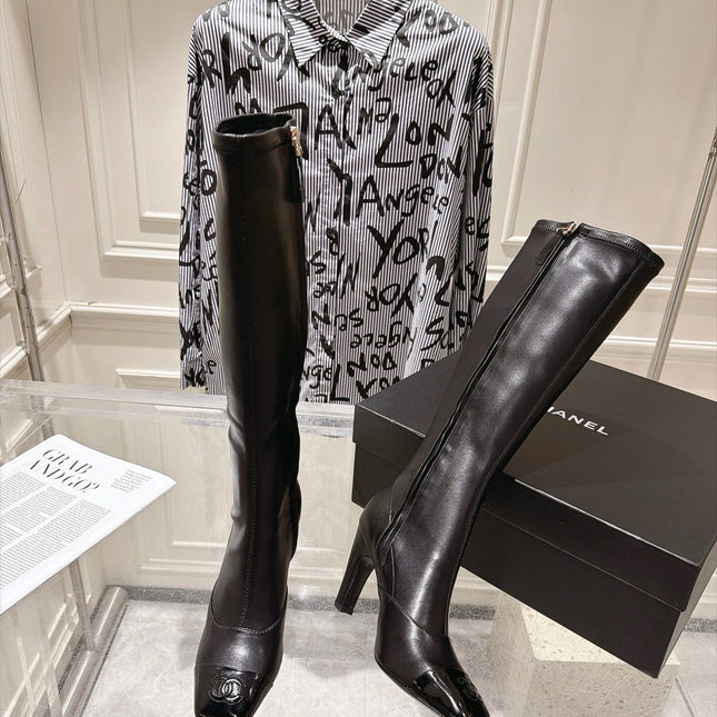 CHANEL 26S HIGH HEEL KNEE HIGH BOOTS 80 MM IN BLACK CALFSKIN AND PATENT LEATHER