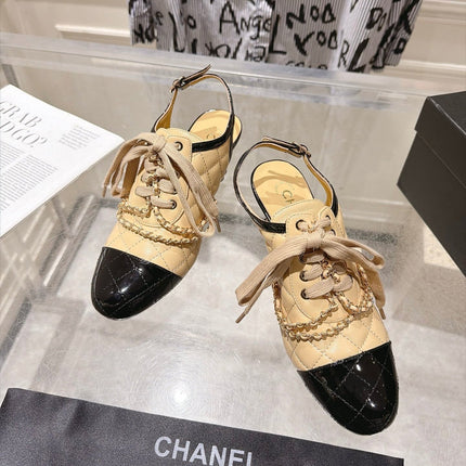 CHANEL 26S SLINGBACK HIGH HEEL SHOES 70 MM IN BEIGE LAMBSKIN AND BLACK PATENT CALFSKIN