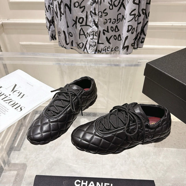 CHANEL 26S LACE UP SNEAKERS IN BLACK LAMBSKIN DIAMOND QUILTING