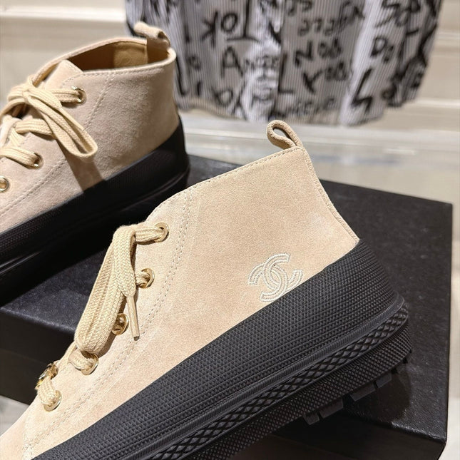 CHANEL 26S LACE UP HIGH TOP SNEAKERS IN BEIGE SUEDE