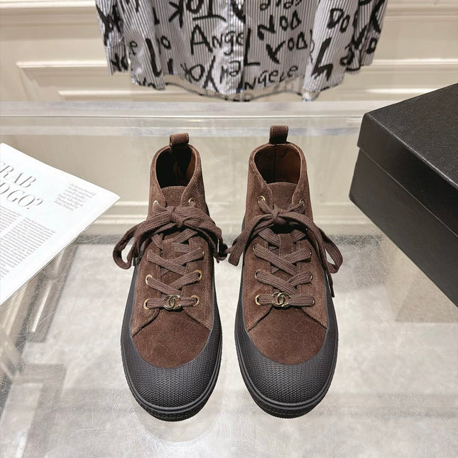 CHANEL 26S LACE UP HIGH TOP SNEAKERS IN BROWN SUEDE