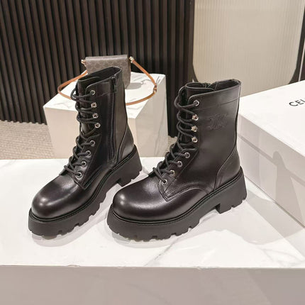 CELINE 25S HIGH HEELED LACE UP BOOTS 50MM IN BLACK CALFSKIN