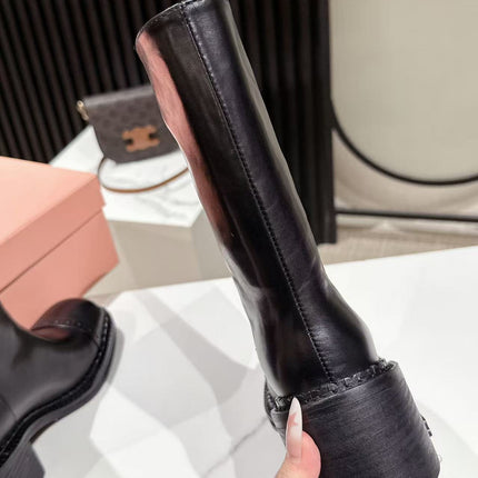 MIUMIU 26S PLATFORM HIGH-HEEL BOOTS 50MM IN BLACK GLOSSY CALFSKIN