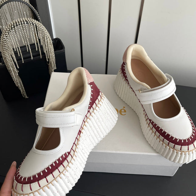 CHLOE 26S MARY JANE SNEAKERS IN WHITE CALFSKIN MIX DARK RED SUEDE