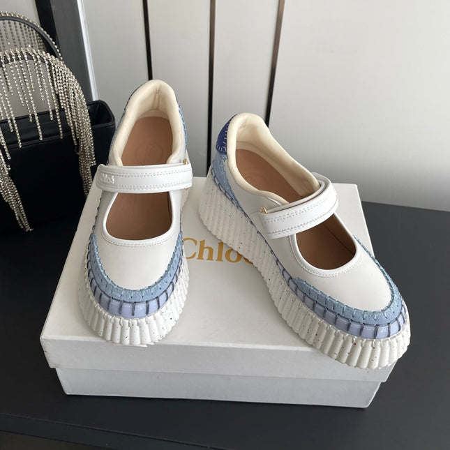 CHLOE 26S MARY JANE SNEAKERS IN WHITE CALFSKIN MIX LIGHT BLUE SUEDE