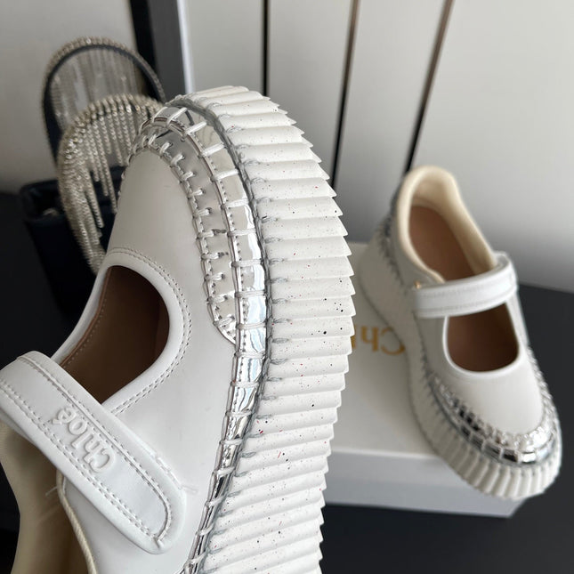 CHLOE 26S MARY JANE SNEAKERS IN WHITE AND SILVER CALFSKIN